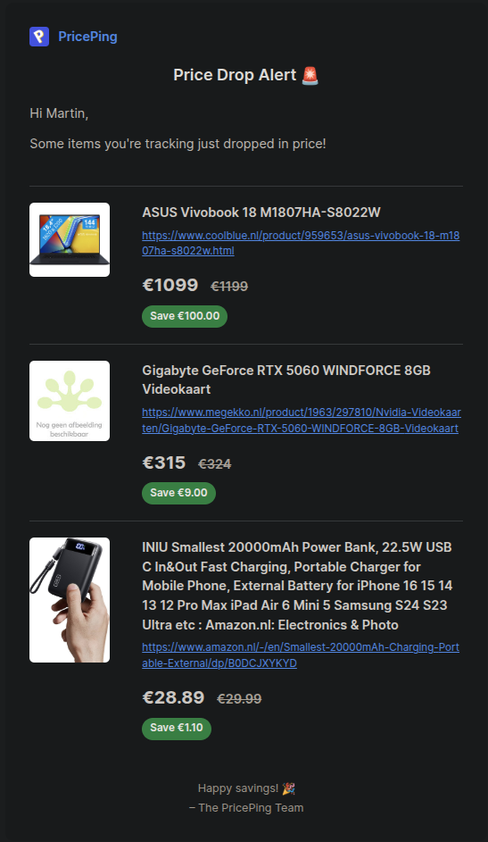 Example PricePing email alert